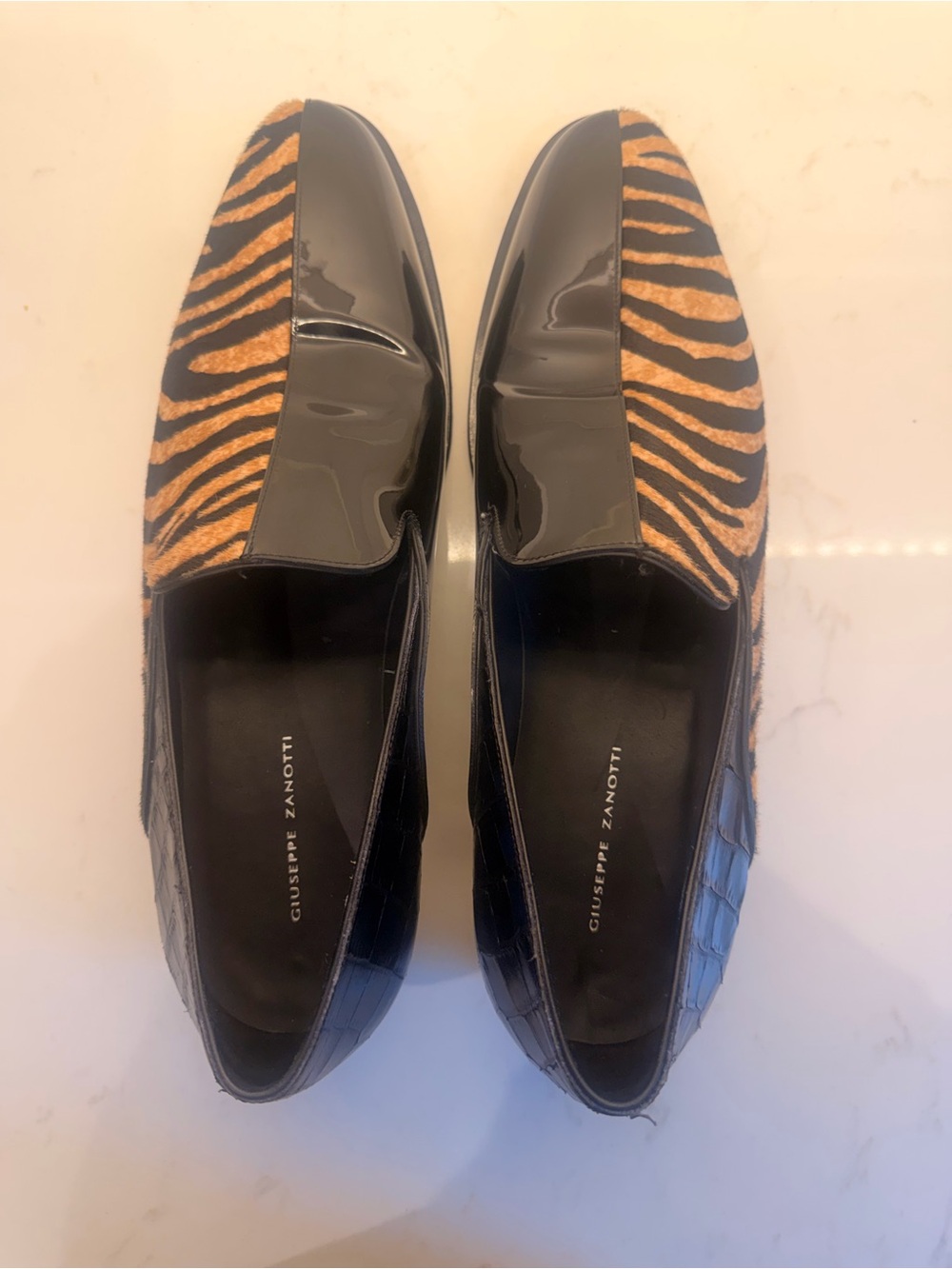 Giuseppe Zanotti Black Loafers with Brown Zebra-Print Panels